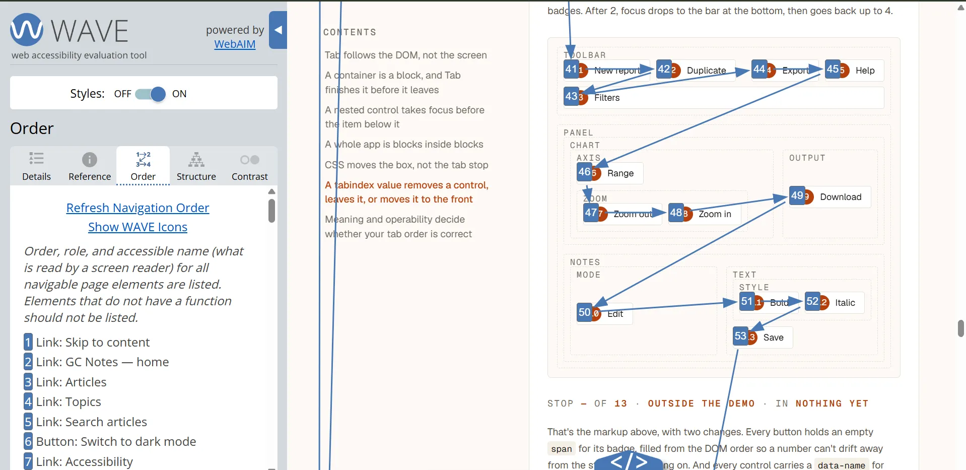 The WAVE extension open on this post. Its sidebar is on the Order panel, which explains that order, role, and accessible name are listed for all navigable page elements, then lists them: 1 Link: Skip to content, 2 Link: GC Notes — home, 3 Link: Articles, 4 Link: Topics, 5 Link: Search articles, 6 Button: Switch to dark mode, 7 Link: Accessibility. On the right, the page shows the toolbar and panel demo with a numbered badge on every button, 41 New report, 42 Duplicate, 43 Filters, 44 Export, 45 Help, then 46 Range through 53 Save, and arrows drawn from each badge to the next. The arrow after 42 drops down to Filters on its own line and the next one comes back up to Export.